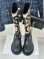 Dior ladies tall boots in black with cream graphic side panels