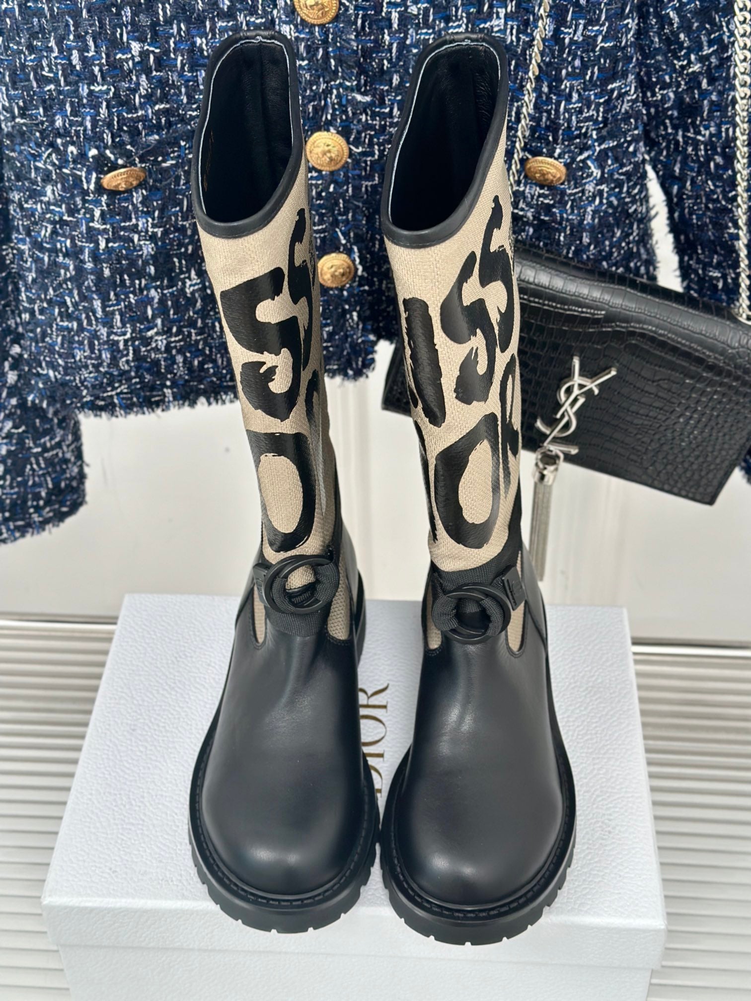 Dior ladies tall boots in black with cream graphic side panels
