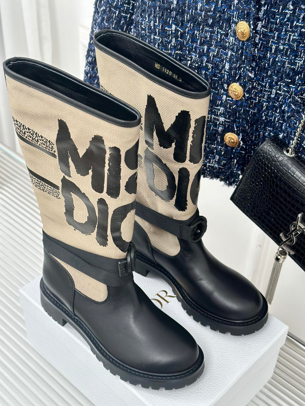 Dior ladies mid-calf boots with cream graphic side panel and black leather