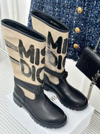 Dior ladies mid-calf boots with cream graphic side panel and black leather