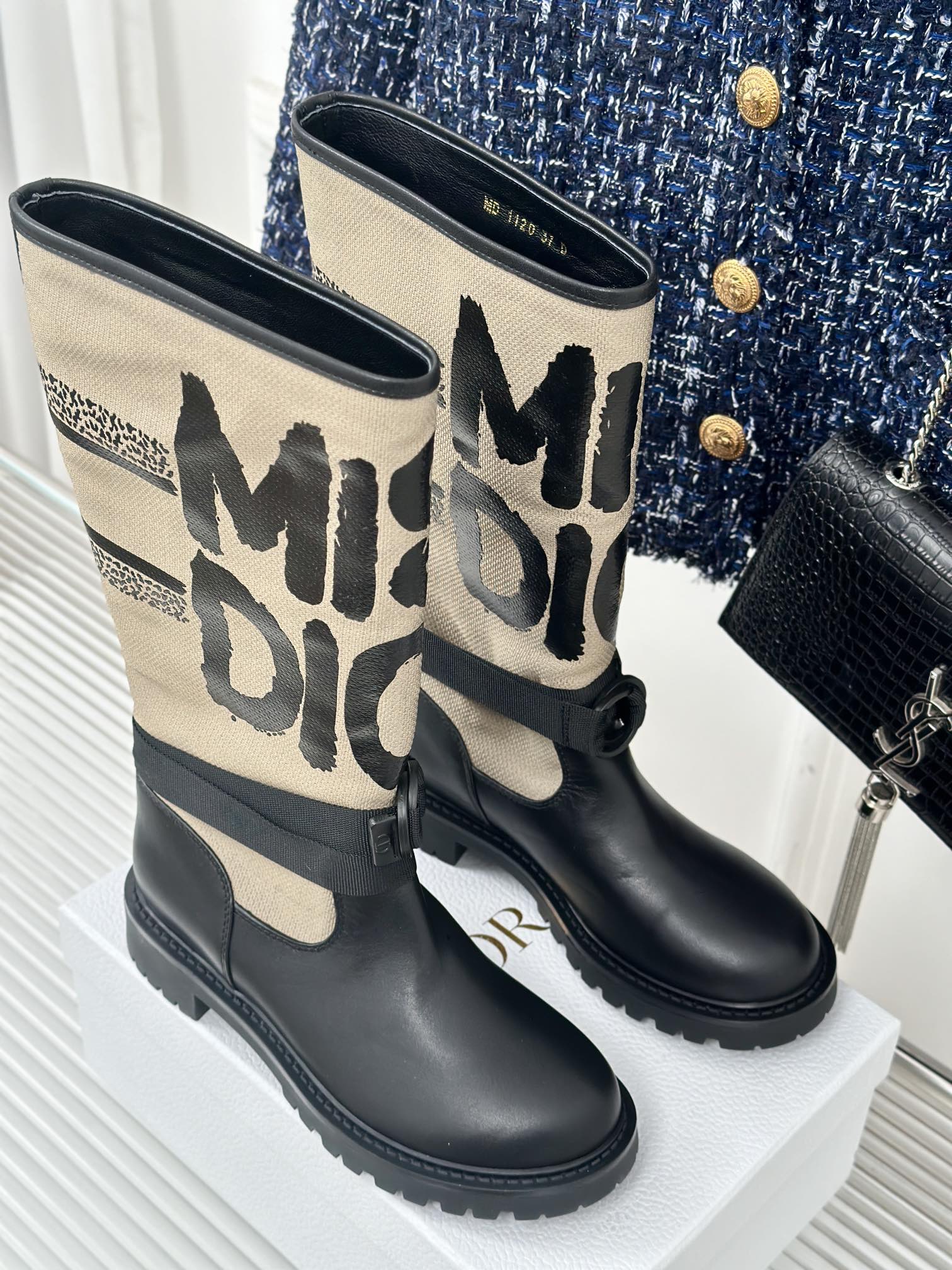 Dior ladies mid-calf boots with cream graphic side panel and black leather