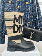 Dior ladies ankle boots with black leather uppers and cream logo shaft