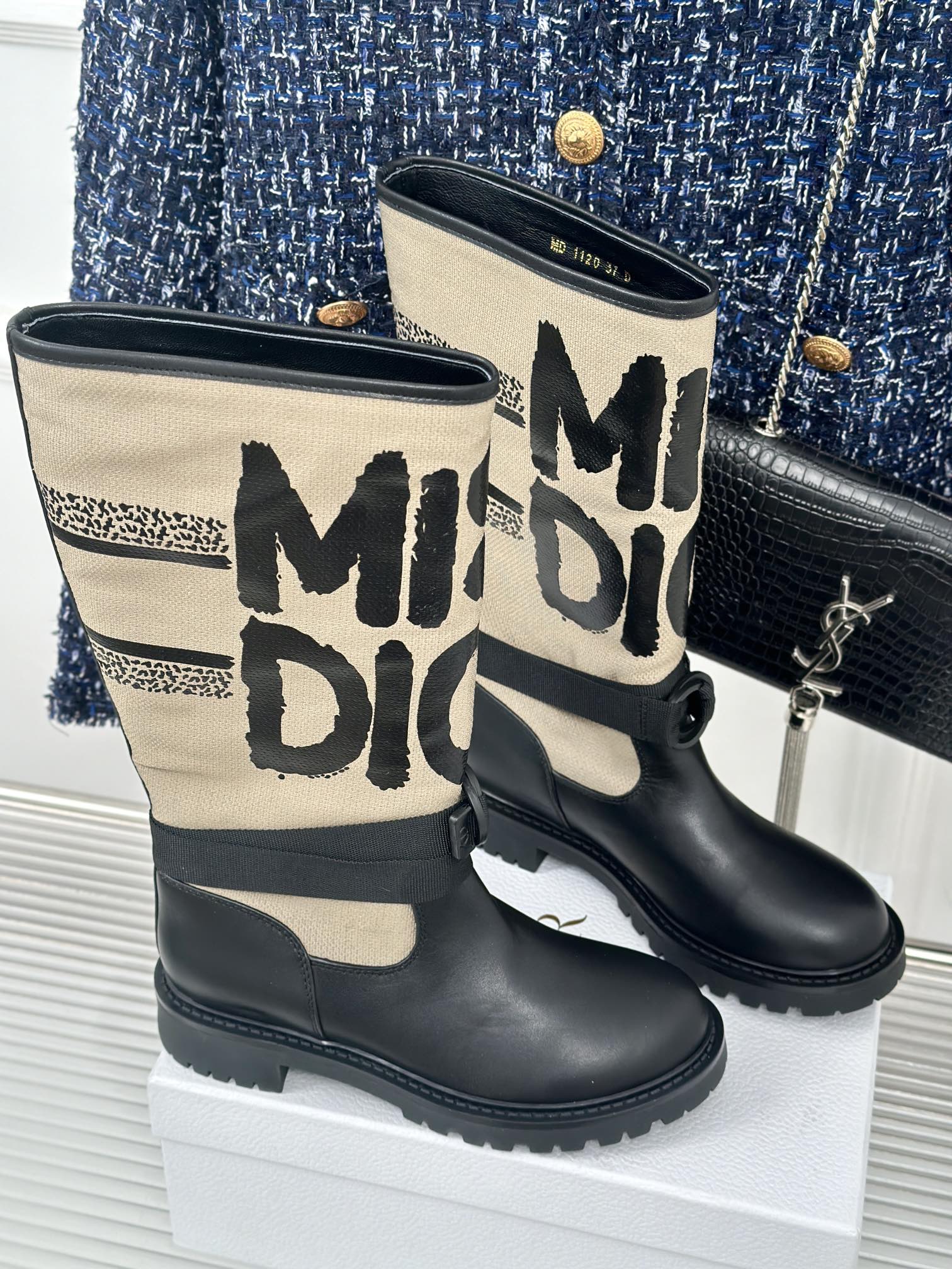 Dior ladies mid-calf boots with cream printed shaft and black leather finish