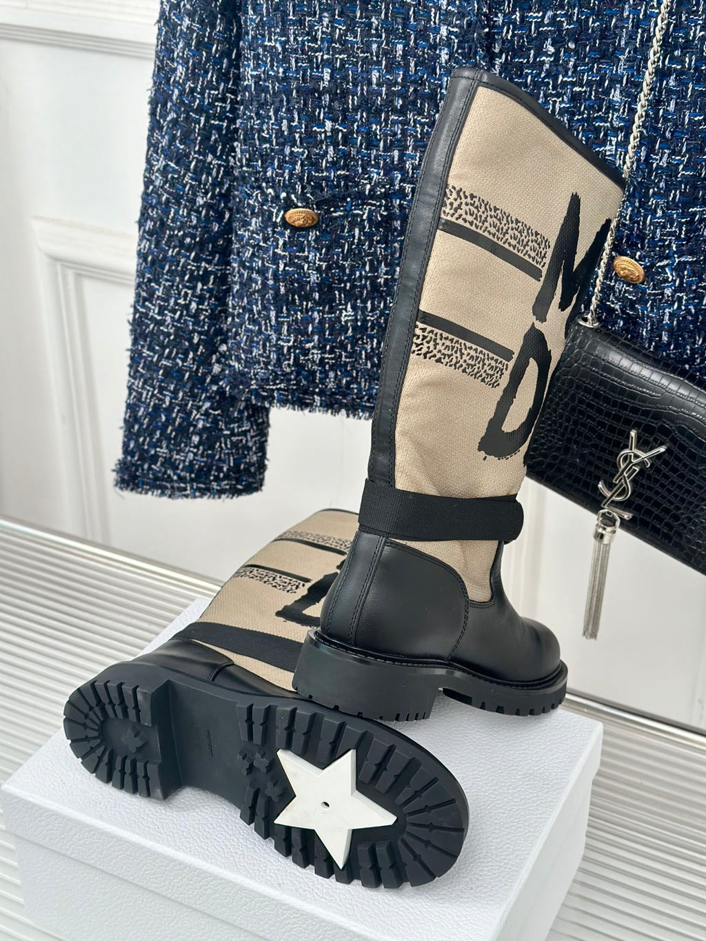 Dior ladies mid-calf boots with black leather and cream logo shaft on box