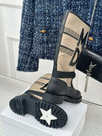 Dior ladies mid-calf boots with black leather and cream logo shaft on box