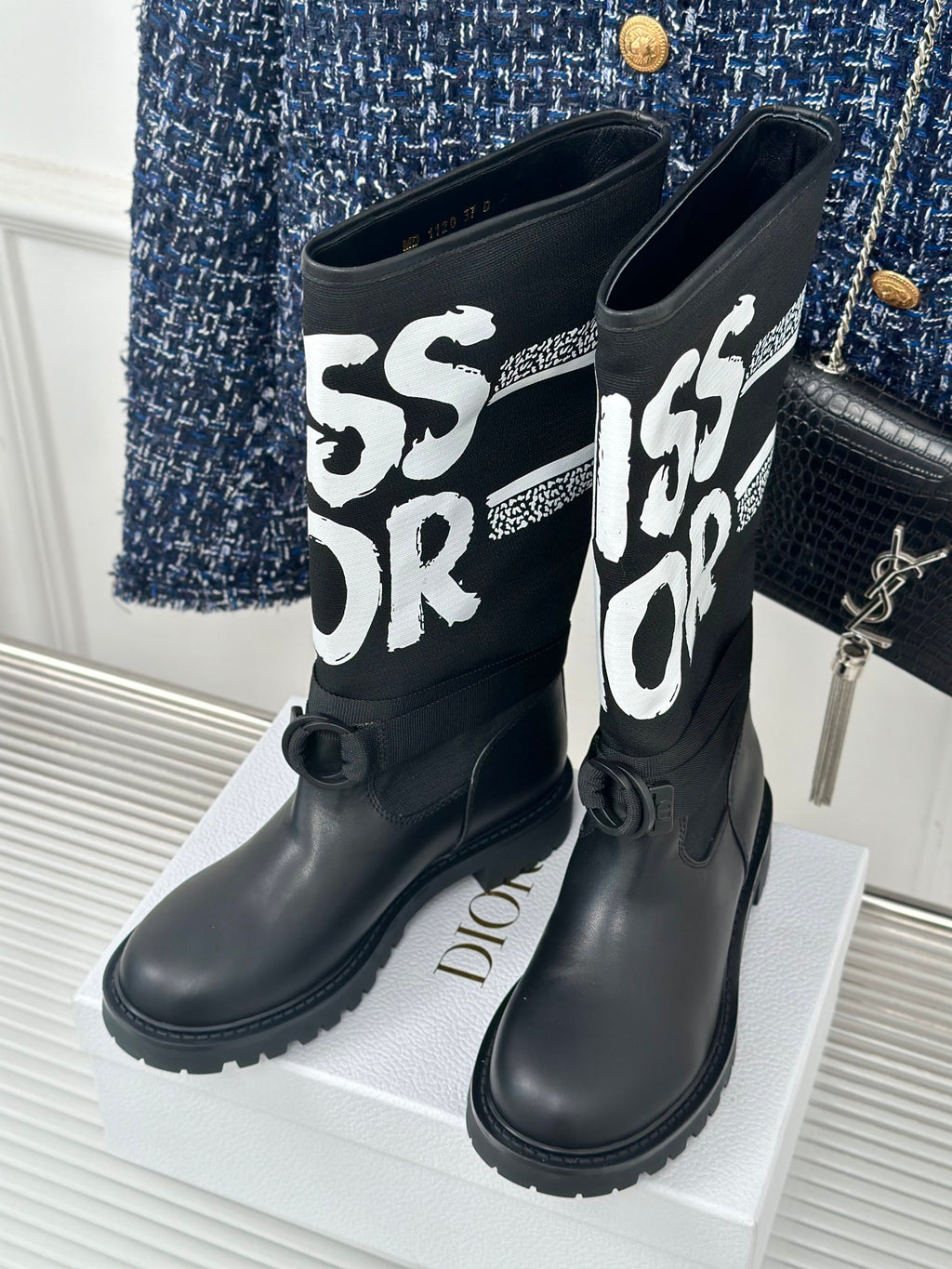 Black Dior logo mid-calf boots with side openings and chunky lug sole