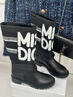 Pair of black Dior logo mid-calf boots with lace-up ties and flat heel
