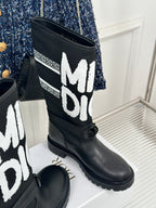 Black Dior logo mid-calf boots with braided lace detail and logo shaft