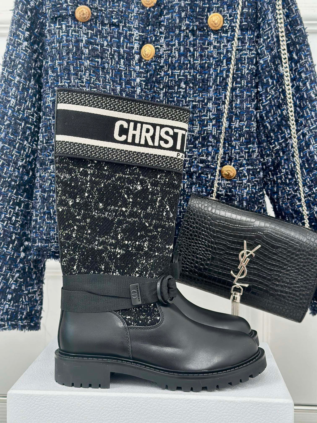 Black ankle boots with tweed shaft and Christan Dior logo strap detail