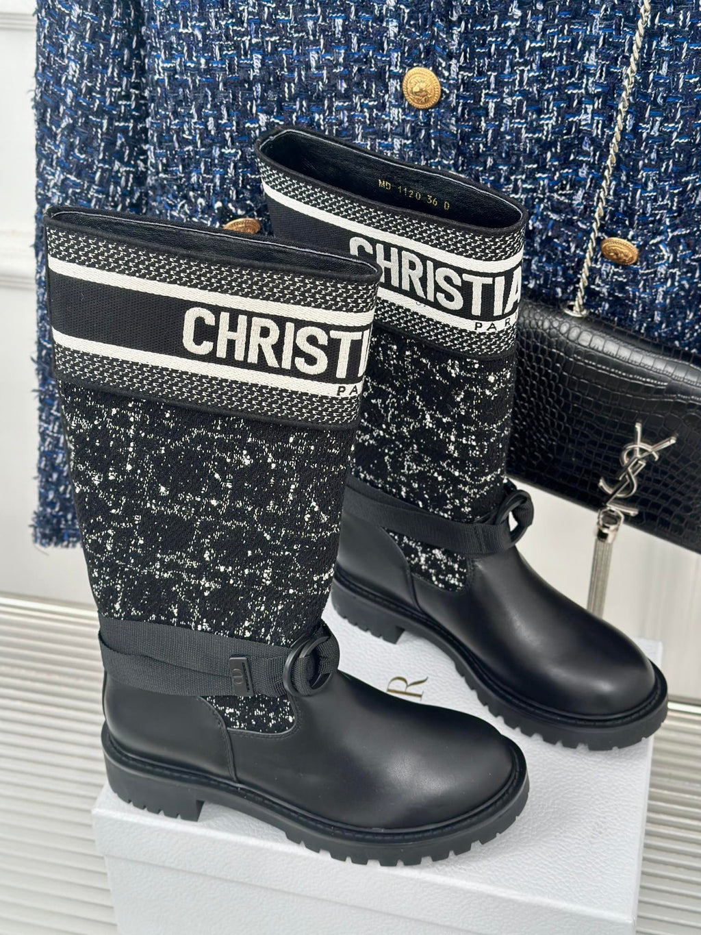 Black lace-up ankle boots with tweed shaft and Christan Dior logo bands