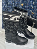 Black lace-up ankle boots with tweed shaft and Christan Dior logo bands