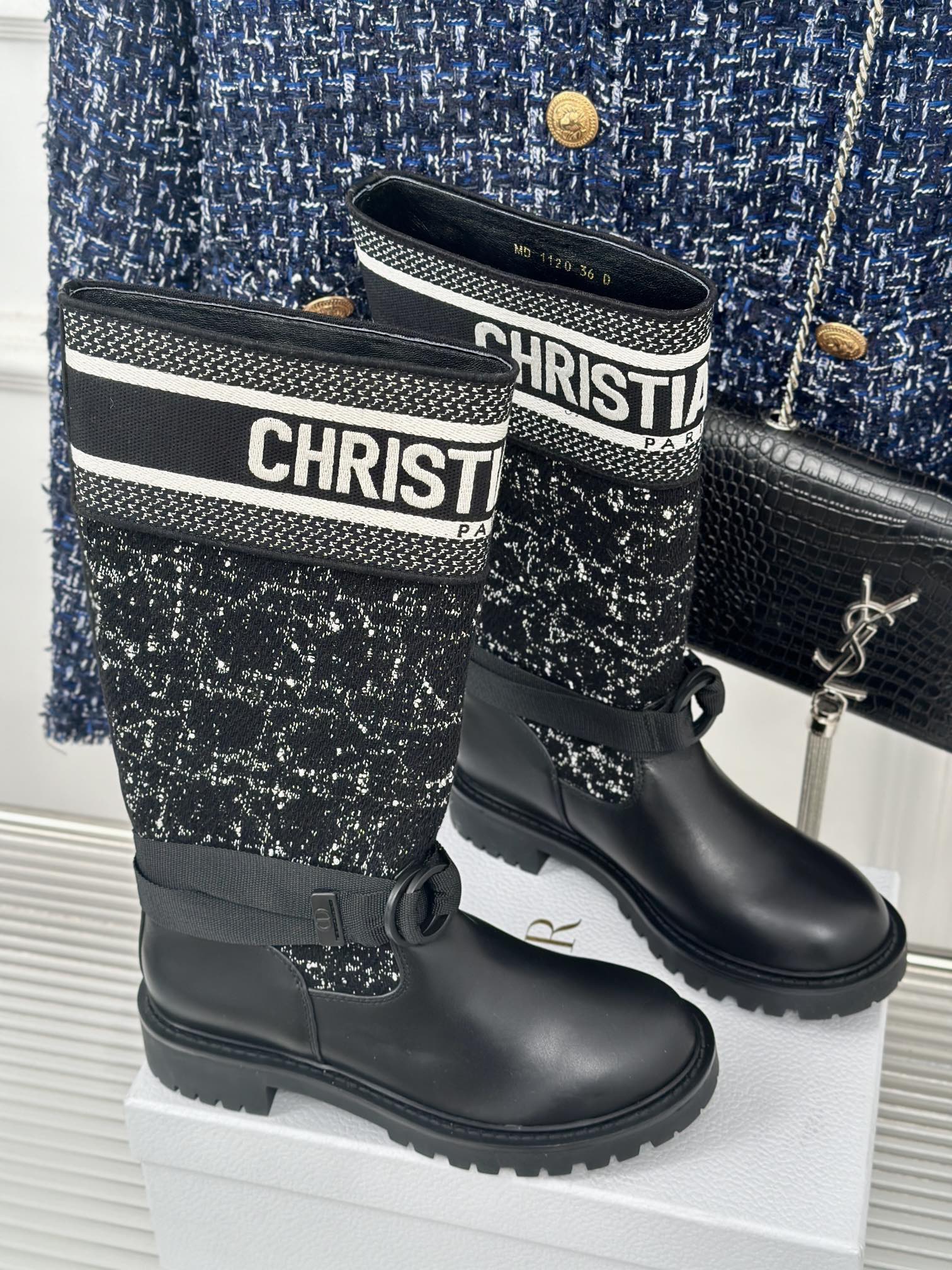 Black lace-up ankle boots with tweed shaft and Christan Dior logo bands