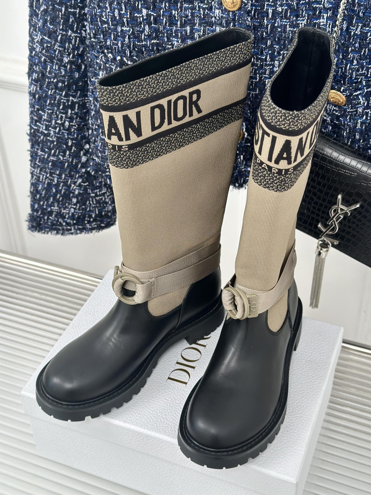 Women’s Dior ankle boots, beige knit shaft with black leather toe and logo trim