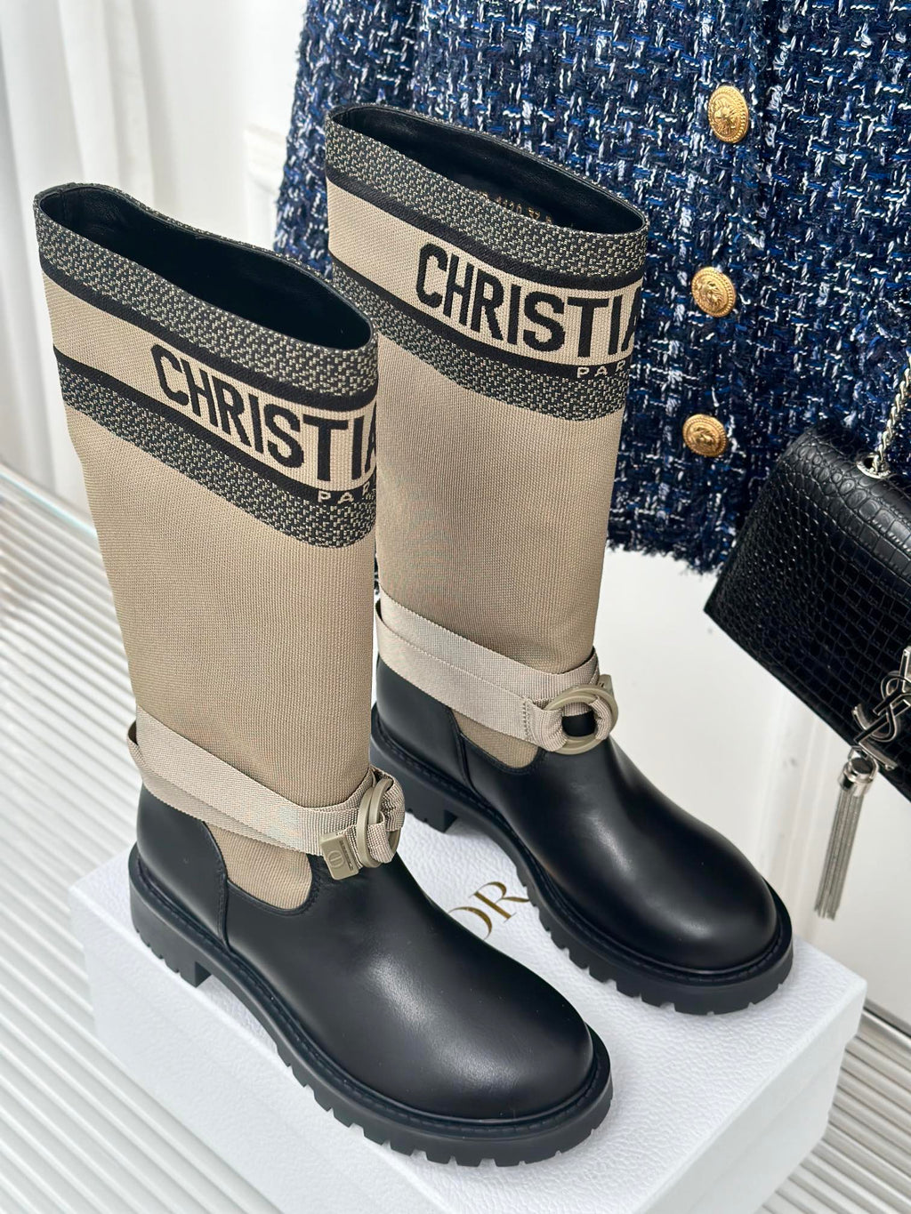 Women’s Dior ankle boots, beige shaft with logo band and black leather with buckle strap