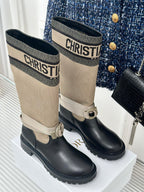 Women’s Dior ankle boots, beige shaft with logo band and black leather with buckle strap