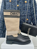 Women’s Dior ankle boots with beige shaft and black leather, logo band and buckle strap