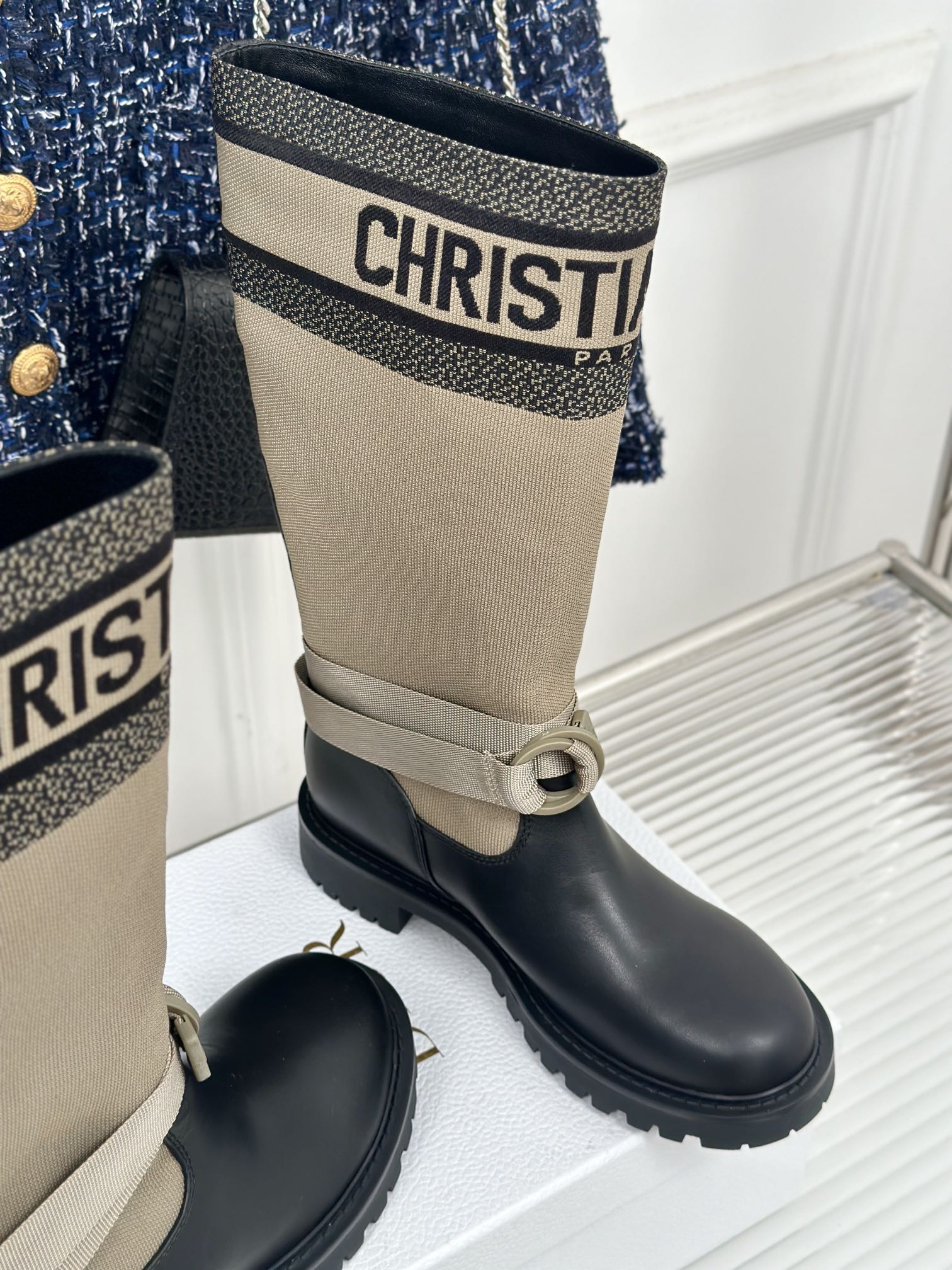 Women’s Dior ankle boots, beige shaft and black leather with logo band and buckle closure