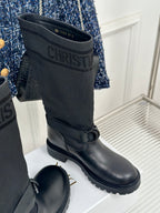 Dior ladies black leather mid-calf boots with logo band and ankle strap