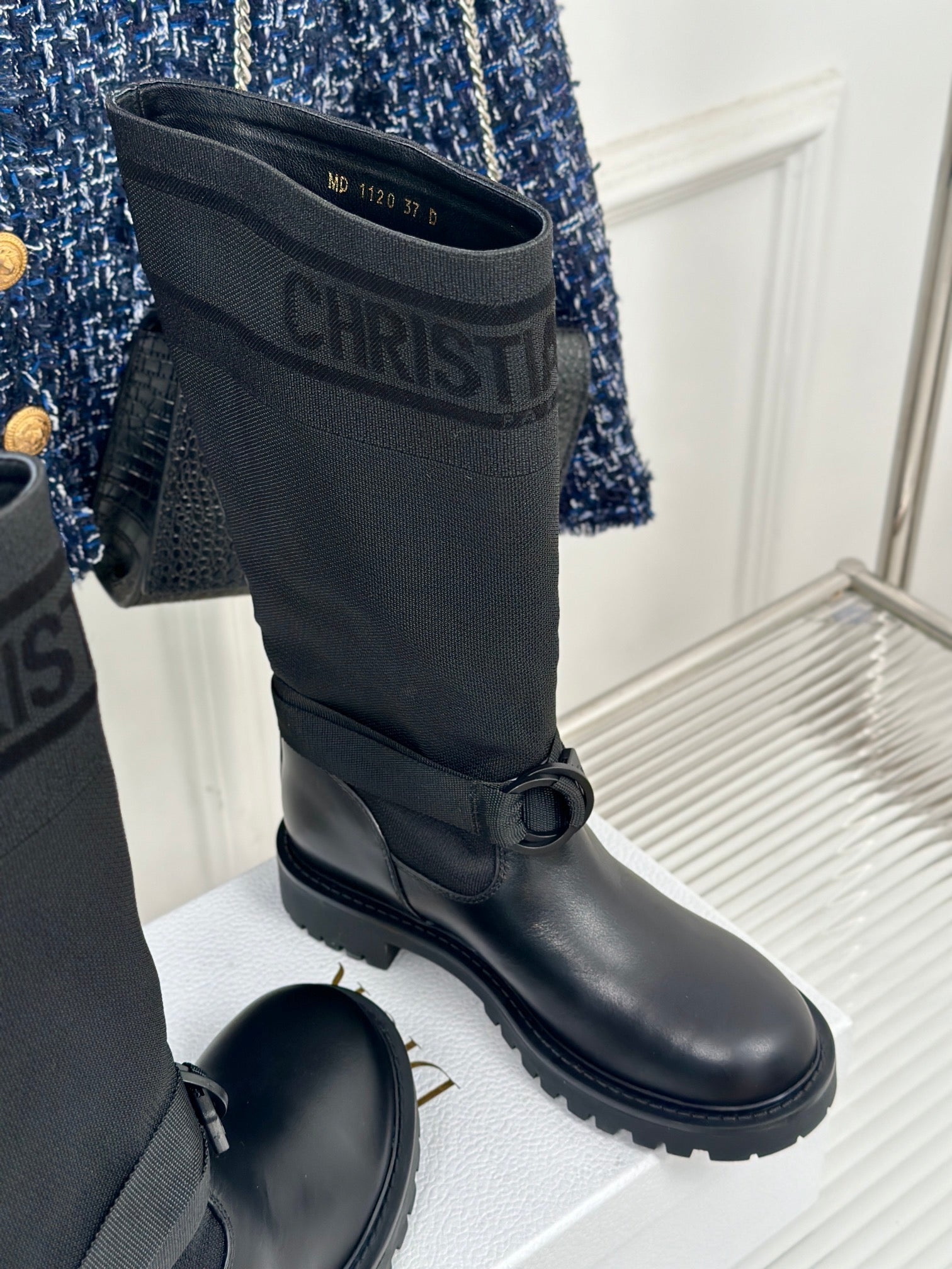 Dior ladies black leather mid-calf boots with logo band and ankle strap
