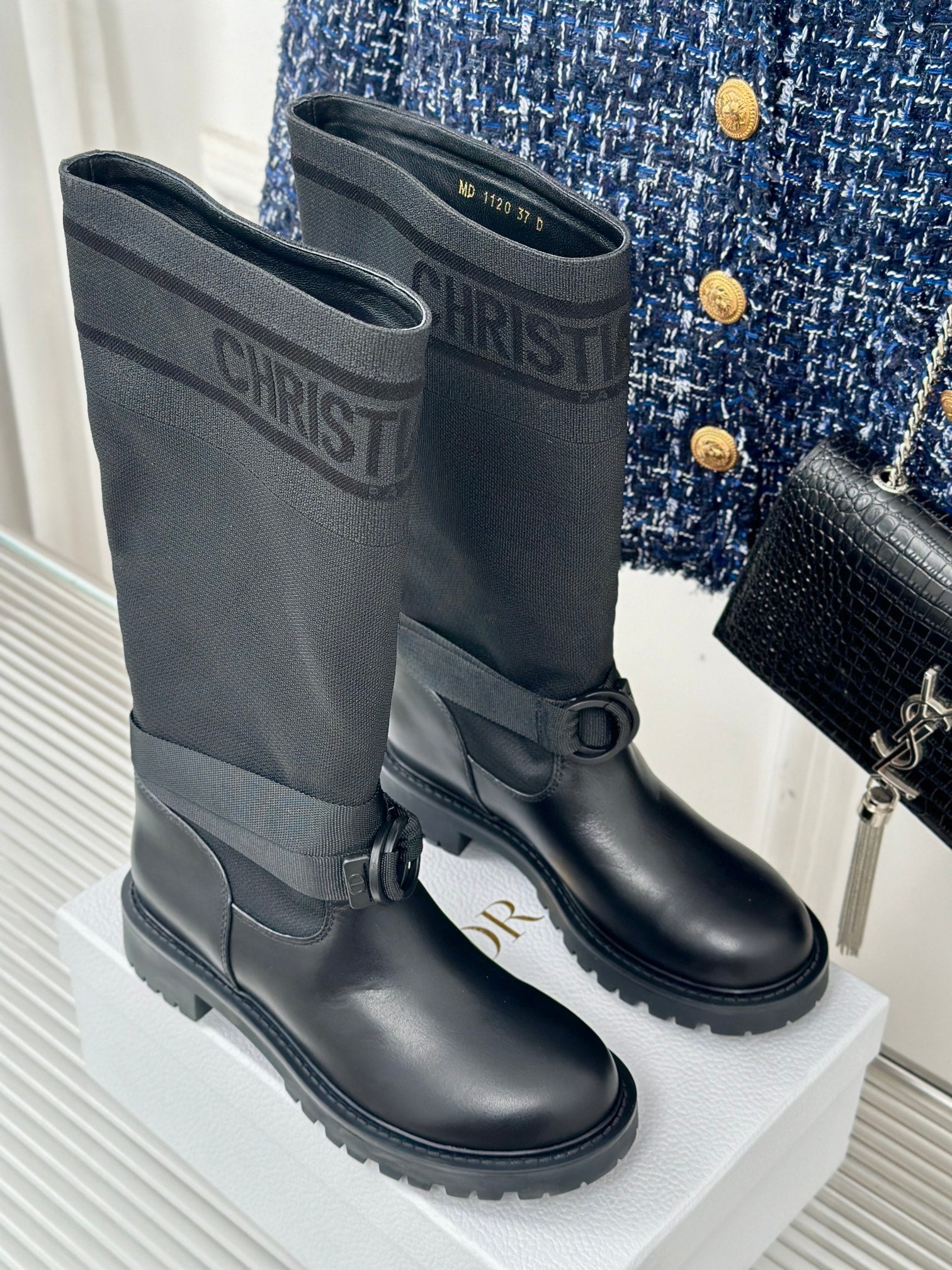 Dior ladies black mid-calf boots with two buckles and chunky rubber sole