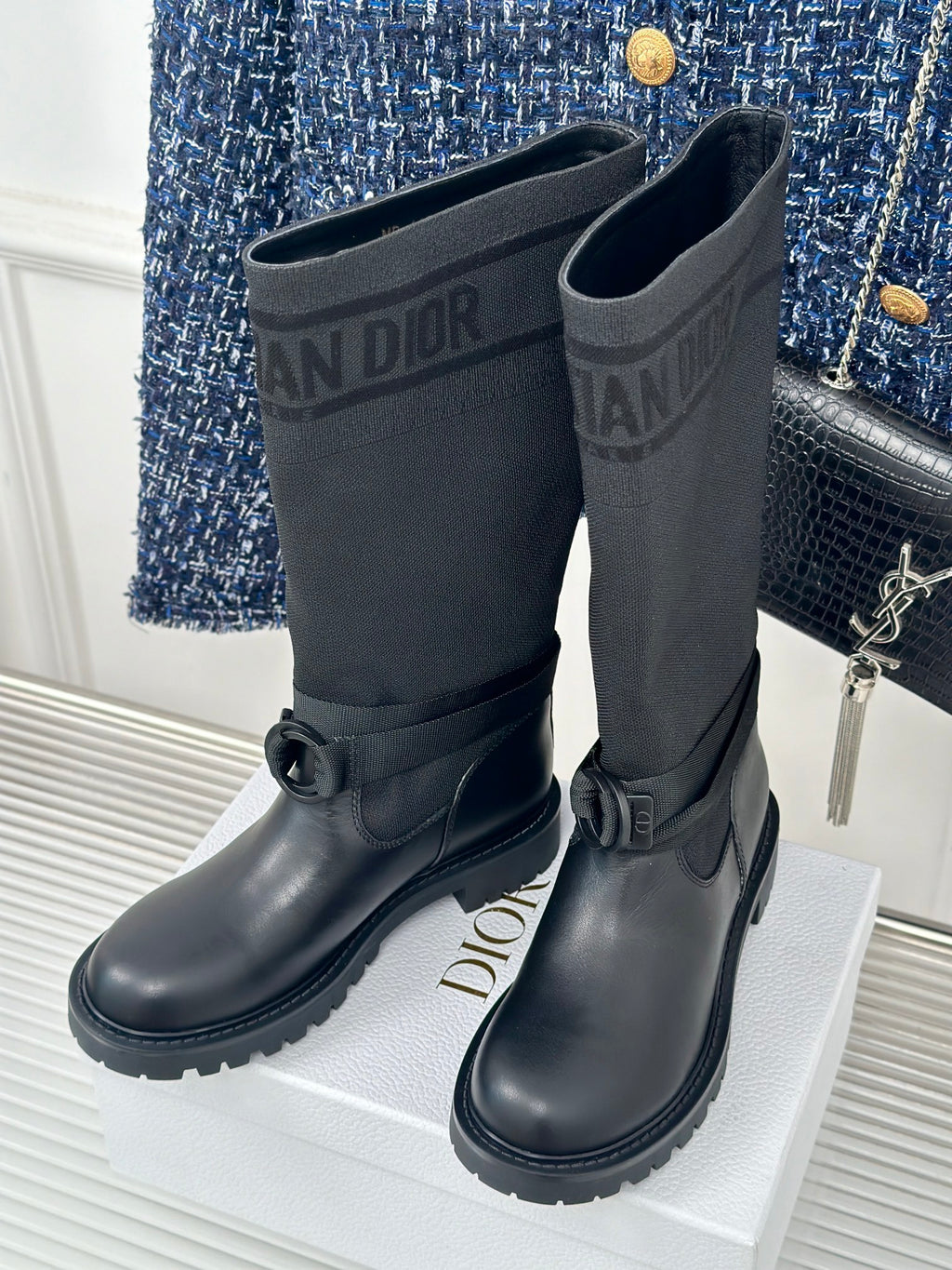 Dior ladies dark leather lace-up boots with rounded toe and ankle straps