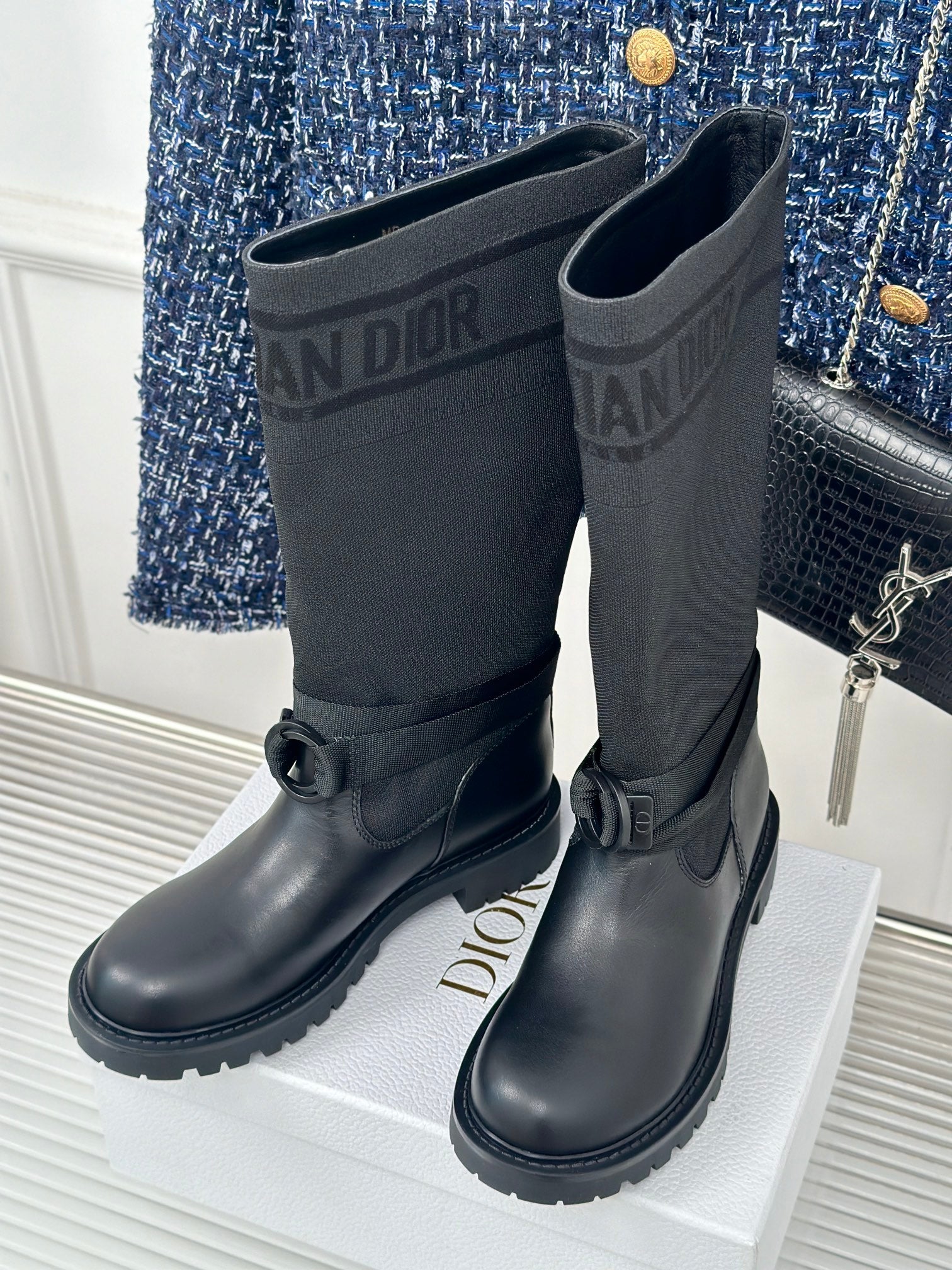 Dior ladies dark leather lace-up boots with rounded toe and ankle straps