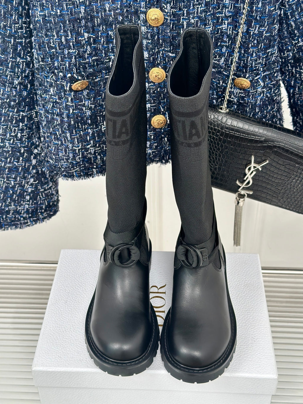 Dior ladies black tall boots with logo band and buckle detail at ankle