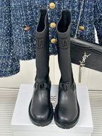 Dior ladies black tall boots with logo band and buckle detail at ankle