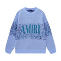 Amiri light blue knit sweater with speckled AMIRI logo, crew neck
