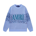 Amiri light blue knit sweater with speckled AMIRI logo, crew neck