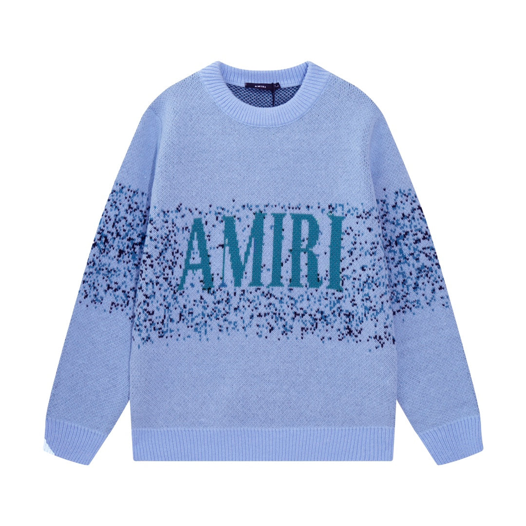 Amiri light blue knit sweater with speckled AMIRI logo, crew neck