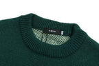 Green crewneck sweater collar with ribbed trim and interior knit label