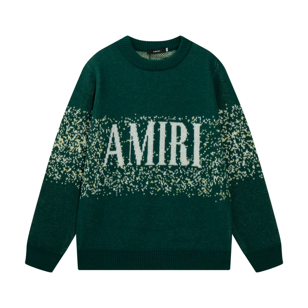 Green knit sweater with AMIRI front graphic and ribbed crew neckline