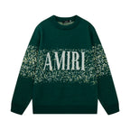 Green knit sweater with AMIRI front graphic and ribbed crew neckline