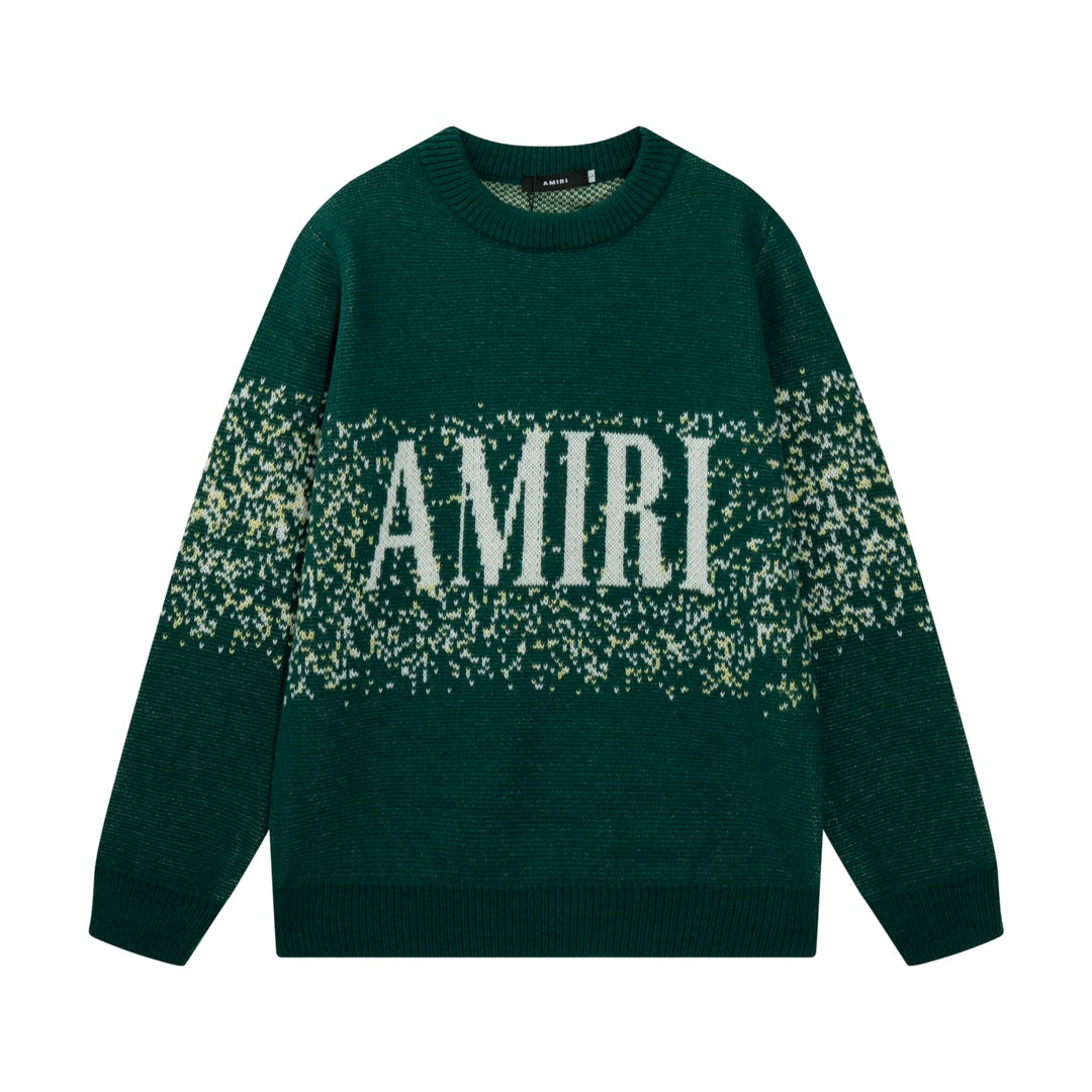 Green knit sweater with AMIRI front graphic and ribbed crew neckline