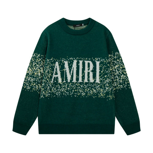 Green knit sweater with AMIRI front graphic and ribbed crew neckline