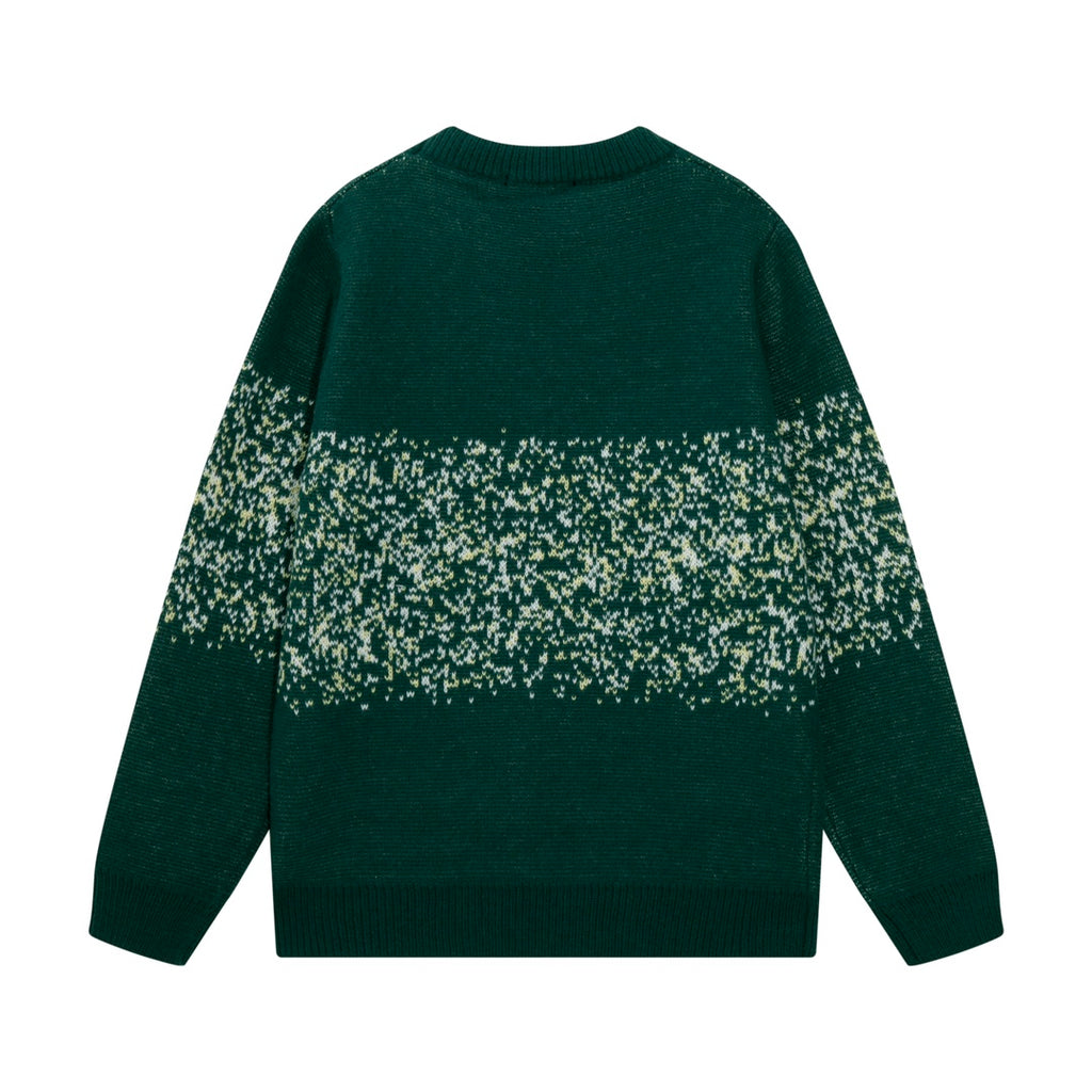 Green knit sweater with speckled AMIRI-style stripe graphic on back