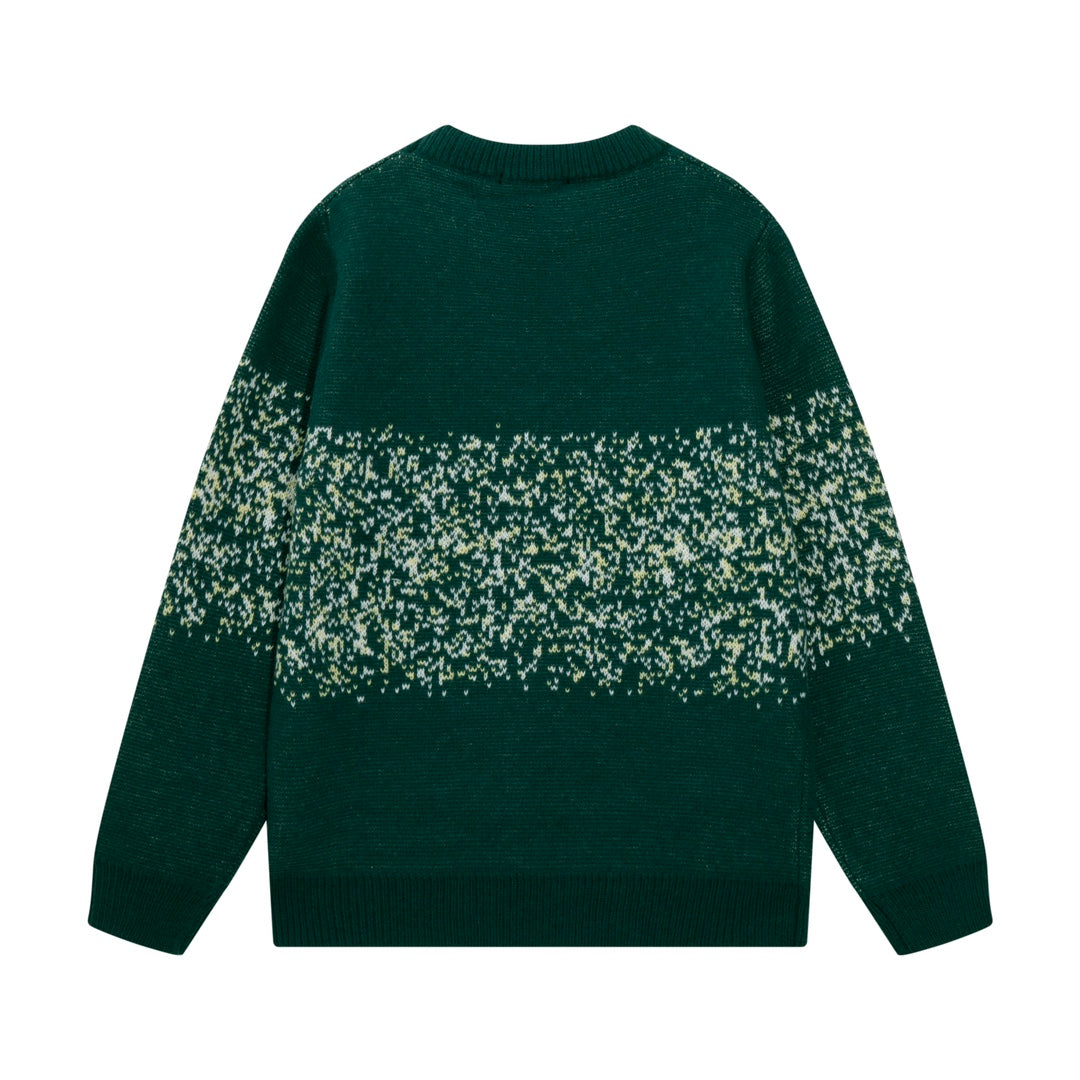 Green knit sweater with speckled AMIRI-style stripe graphic on back