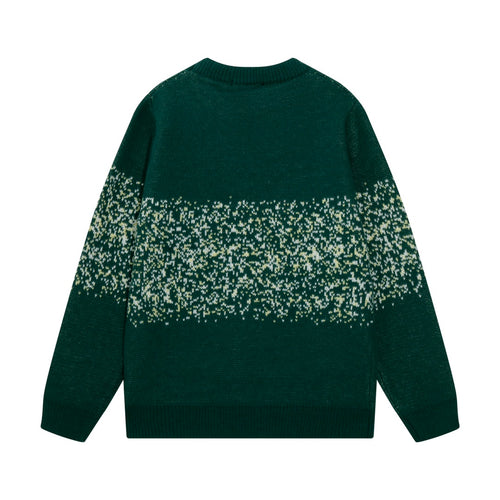 Green knit sweater with speckled AMIRI-style stripe graphic on back