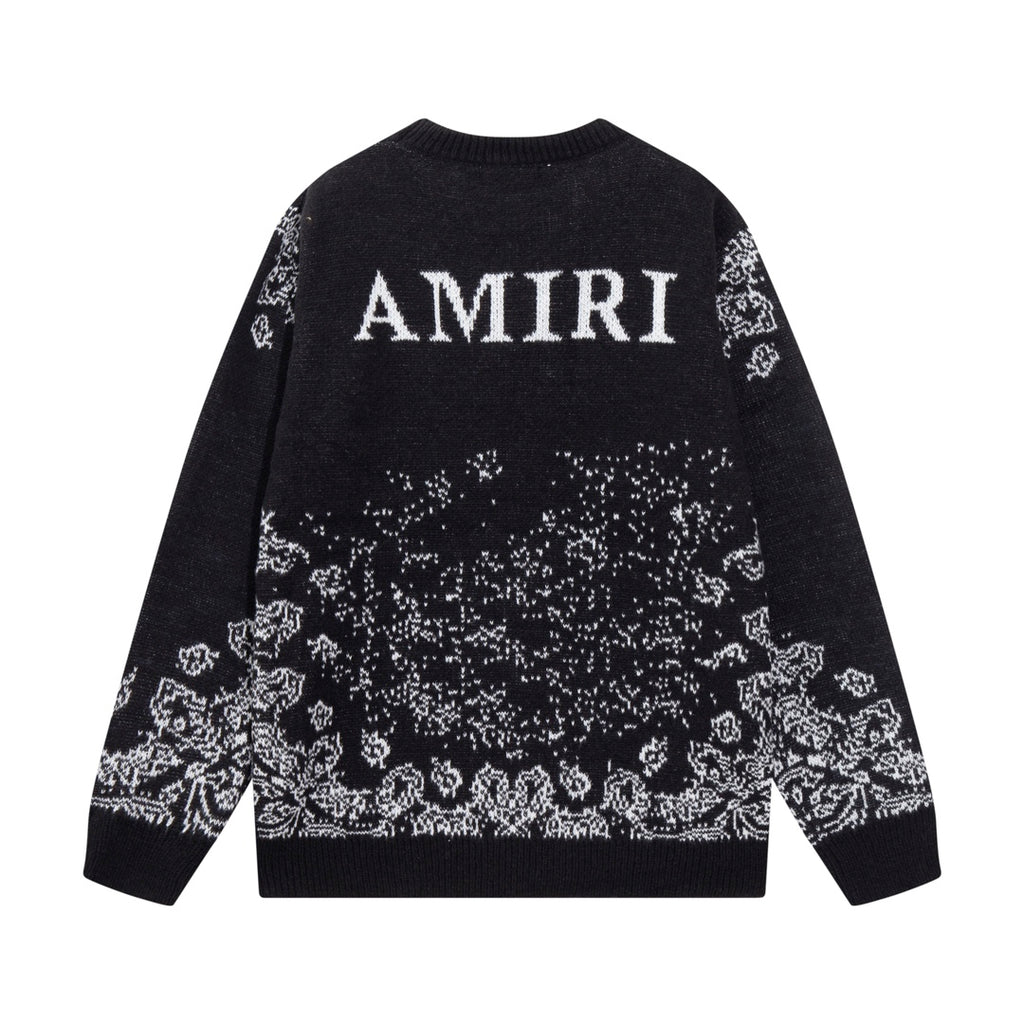 Amiri black knit sweater with AMIRI lettering and jacquard pattern across the back