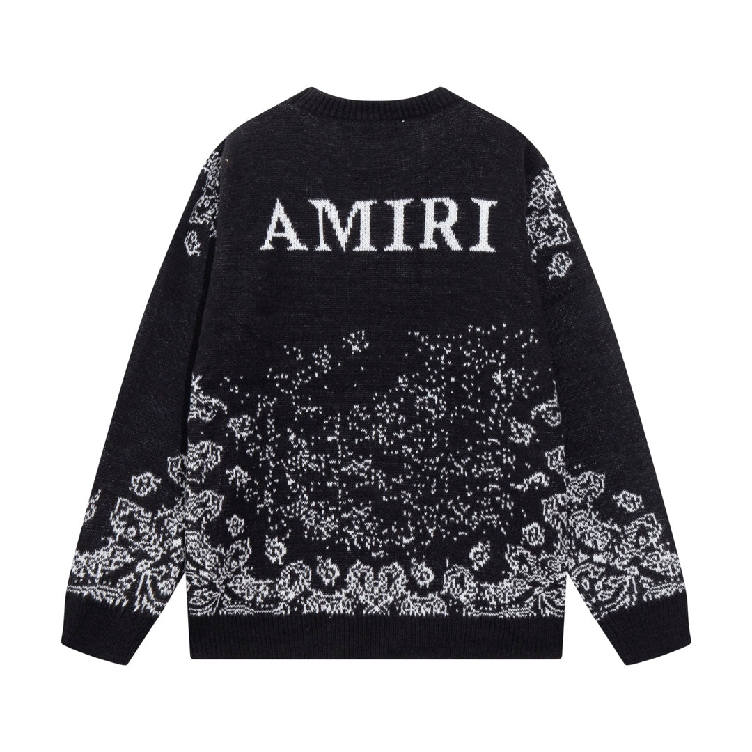 Amiri black knit sweater with AMIRI lettering and jacquard pattern across the back