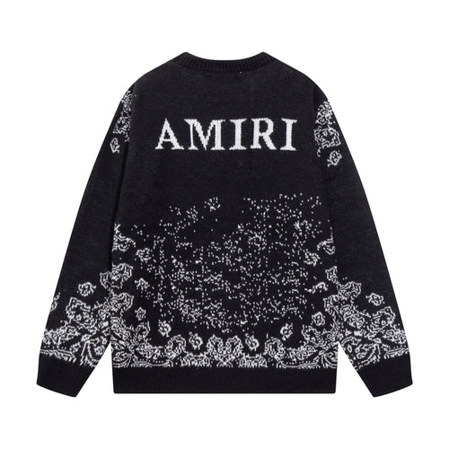 Amiri black knit sweater with AMIRI lettering and jacquard pattern across the back