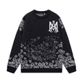 Amiri black knit sweater with crest logo and jacquard pattern on chest and sleeves
