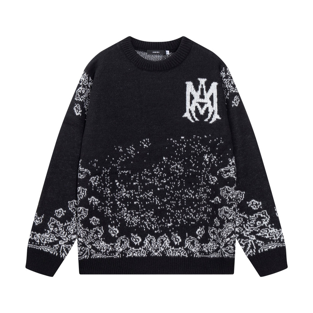 Amiri black knit sweater with crest logo and jacquard pattern on chest and sleeves