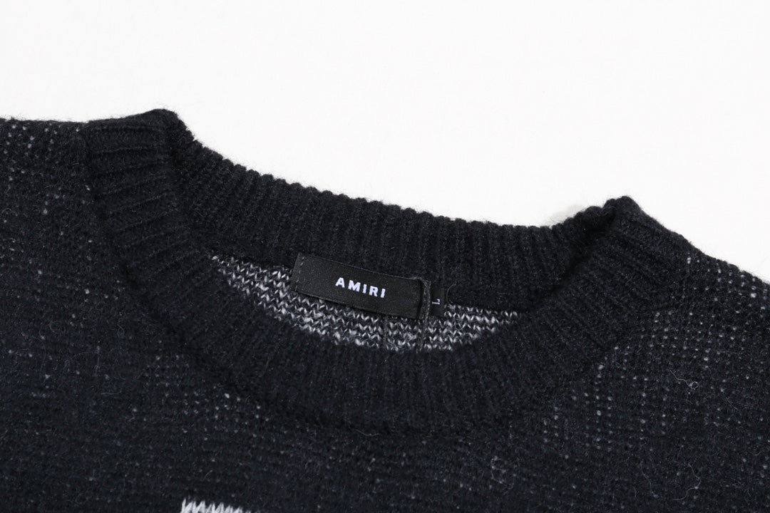 Amiri knit sweater collar close-up with interior brand label