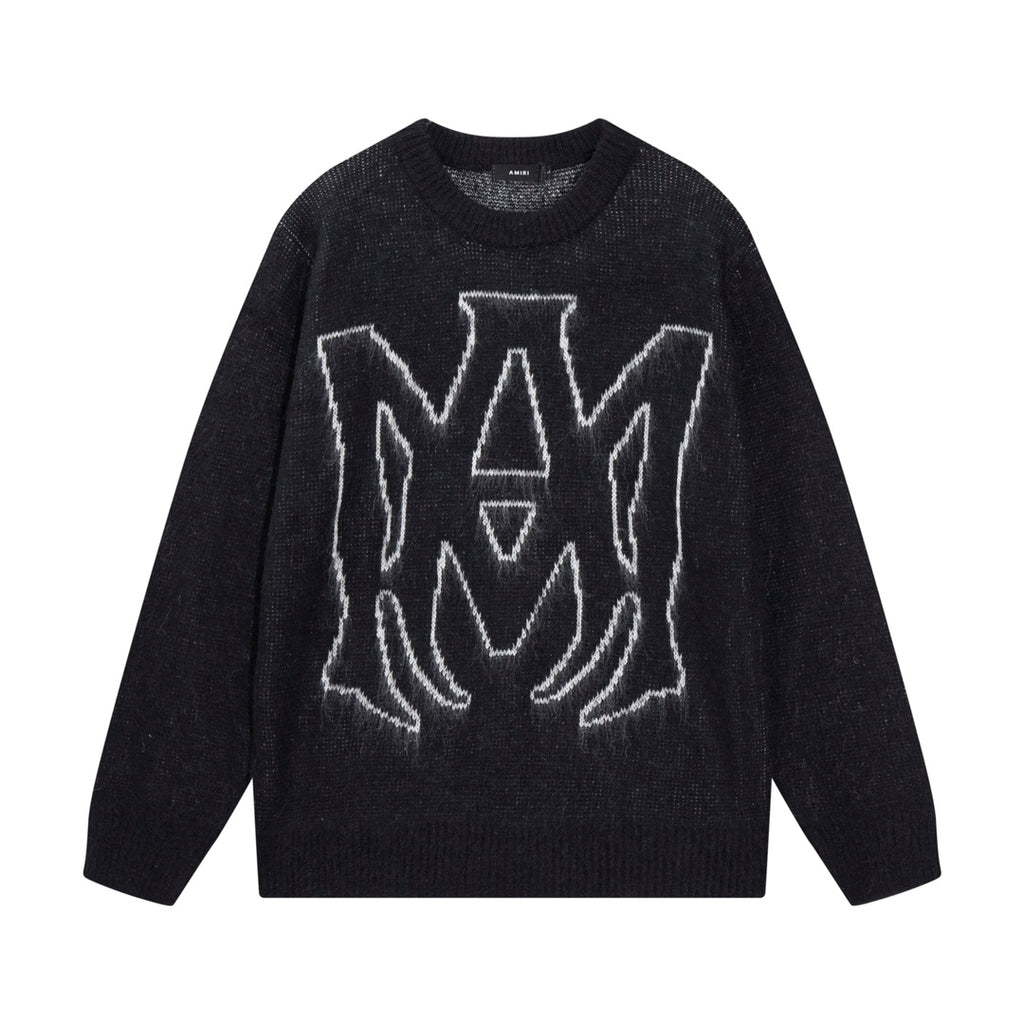 Amiri knit sweater in dark knit with large white graphic on the front