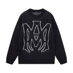 Amiri knit sweater in dark knit with large white graphic on the front