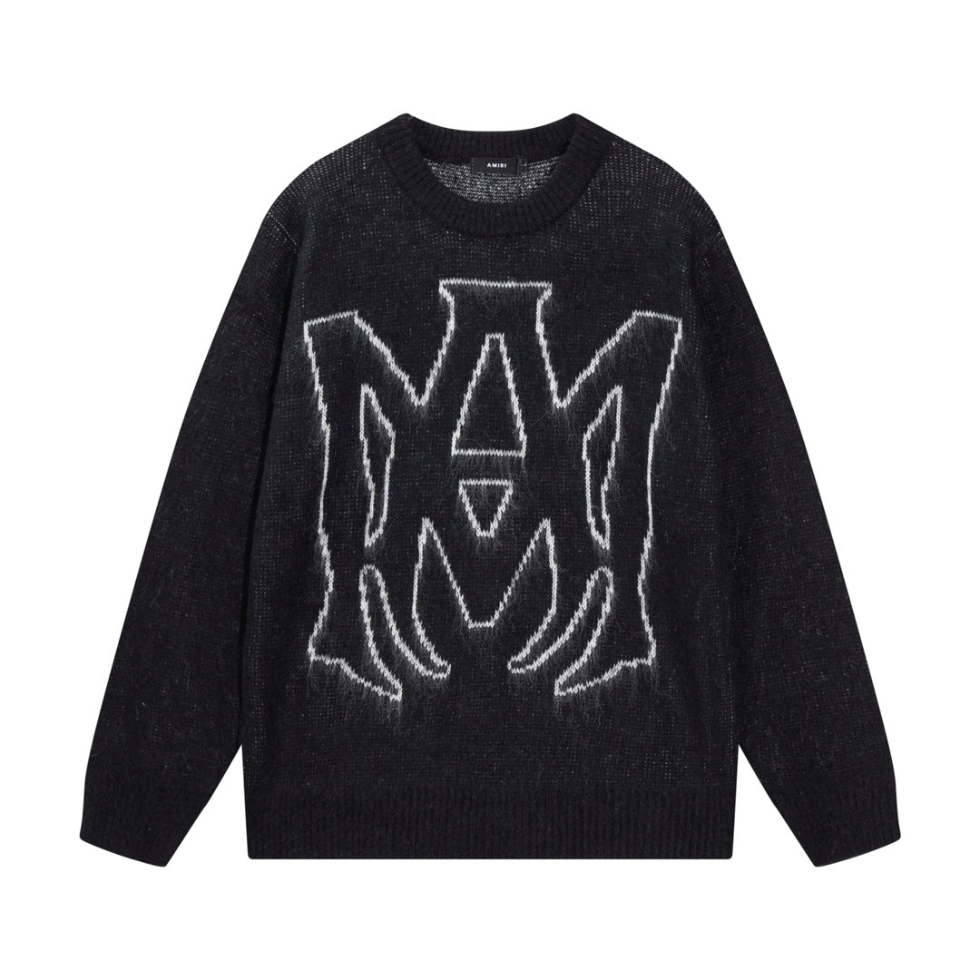 Amiri knit sweater in dark knit with large white graphic on the front