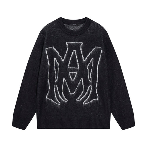 Amiri knit sweater in dark knit with large white graphic on the front