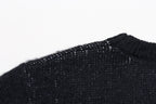 Dark knit sweater shoulder and neckline close-up, ribbed collar